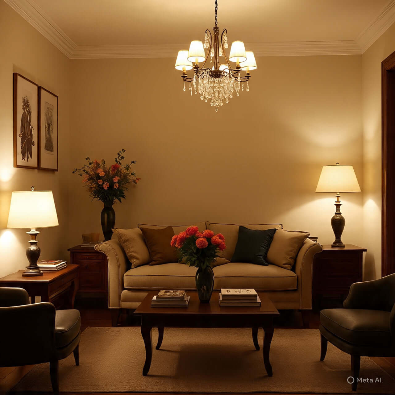 Cozy living room with chandelier, table lamps, and floral decor, showcasing elegant lighting and accessories.