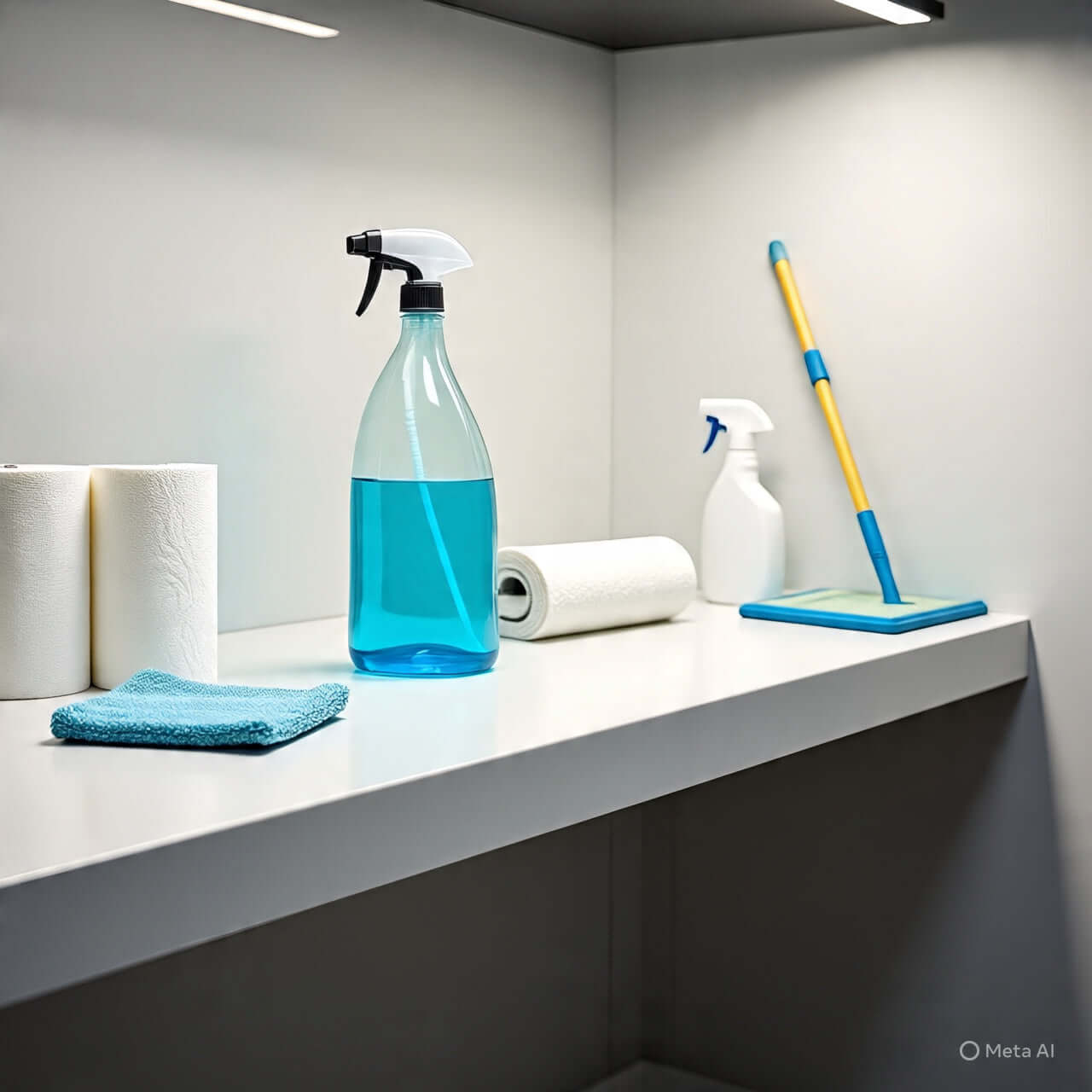 Various cleaning supplies on a shelf, including spray bottles, paper towels, and cleaning cloths.