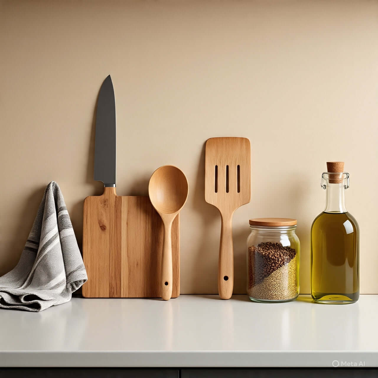 Wooden kitchen utensils including a knife, spoon, and spatula with olive oil and spices on a counter.