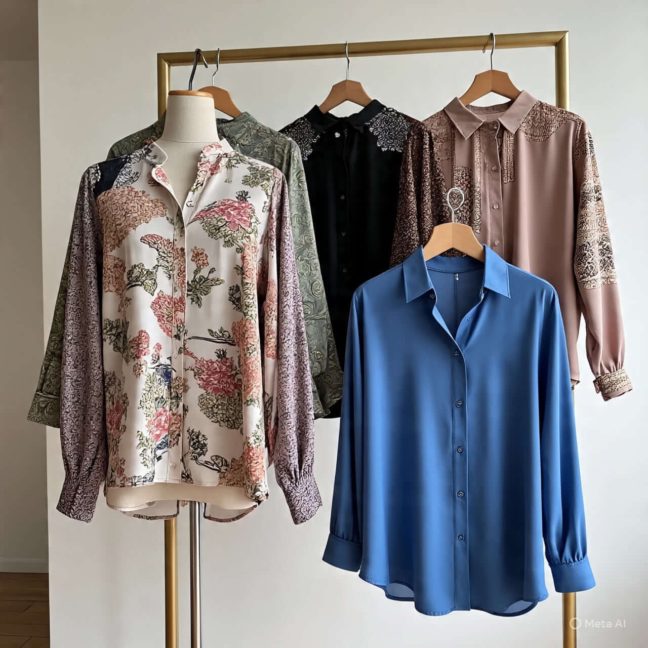 Collection of women's blouses and shirts featuring floral, solid, and patterned designs, perfect for various occasions.