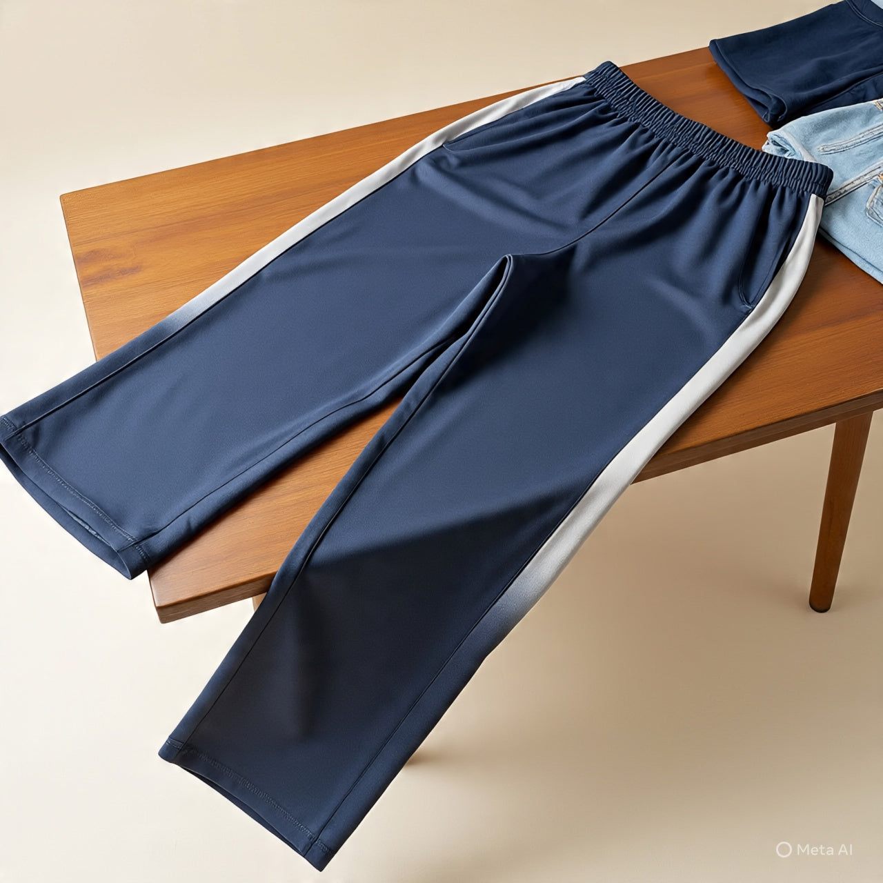 Navy blue curve pants with white side stripes, displayed on a wooden table in a stylish setup.