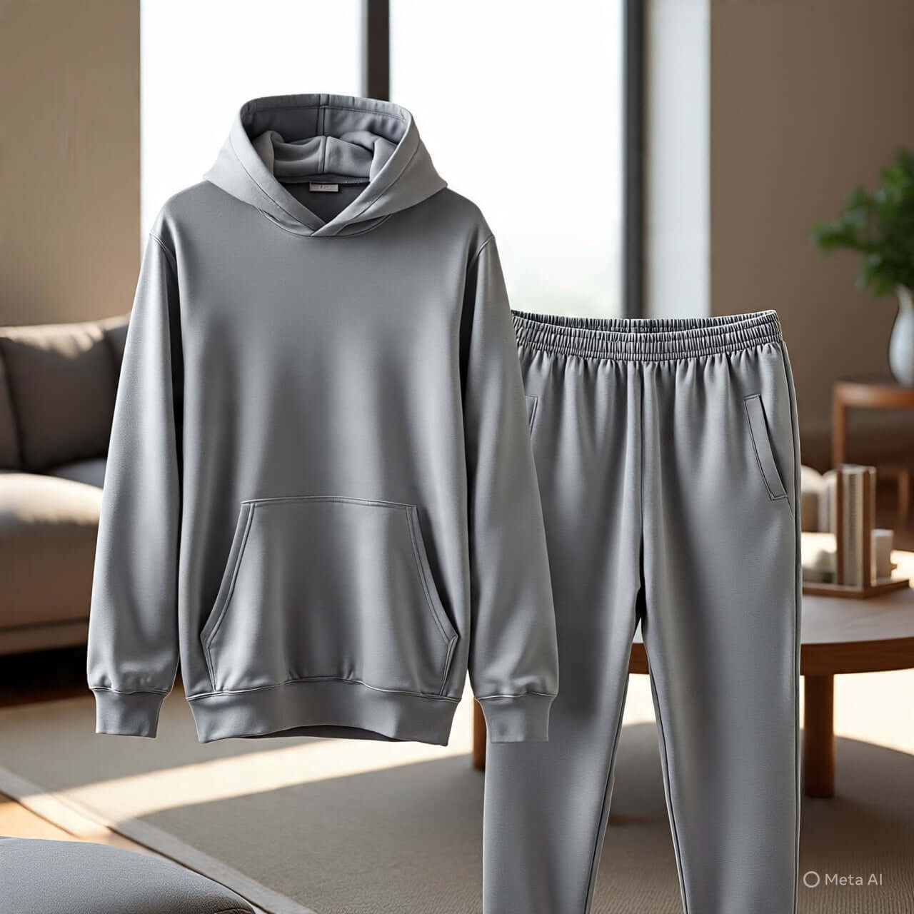 Men's loungewear set featuring a comfortable gray hoodie and matching sweatpants, ideal for relaxation.