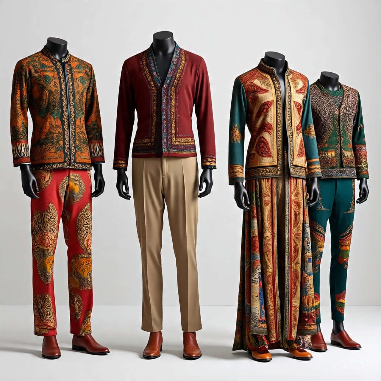 Stylish men's exotic apparel collection featuring intricately designed jackets and trousers in vibrant colors.