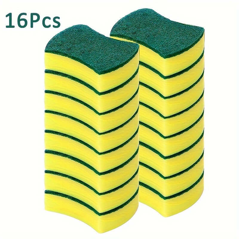 16 pack of multifunctional cleaning sponges, super absorbent tool for kitchen use, melamine material, yellow and green.