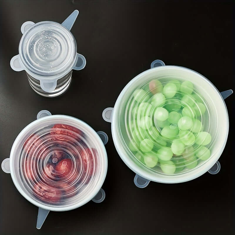 6-Pack Flexilids: reusable silicone food covers preserving fruits and vegetables in clear lids on a black background.