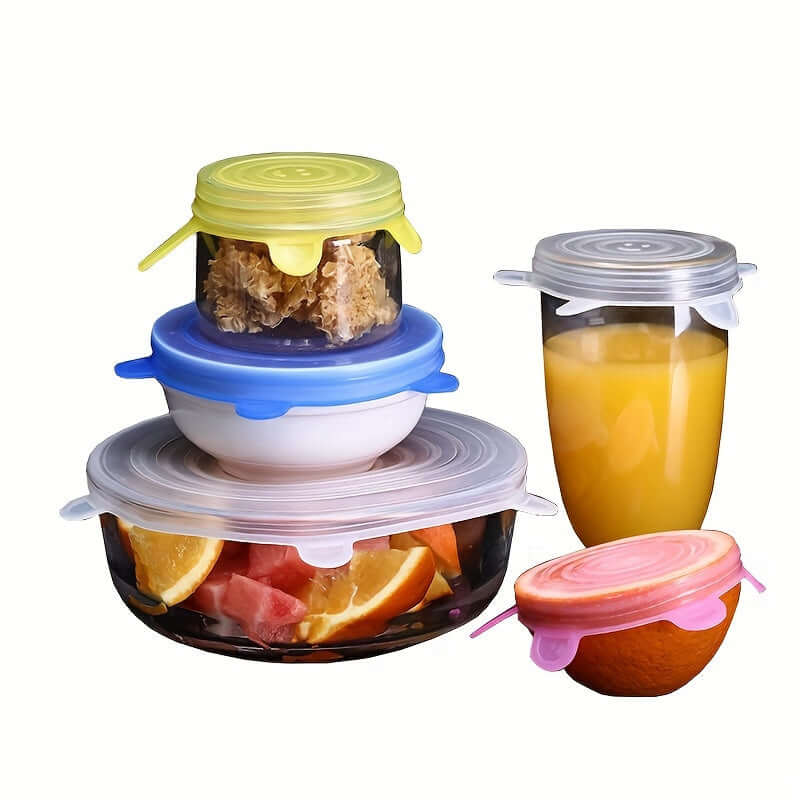 6-Pack Flexilids: Reusable silicone food covers for versatile storage of fruits, snacks, and liquids.
