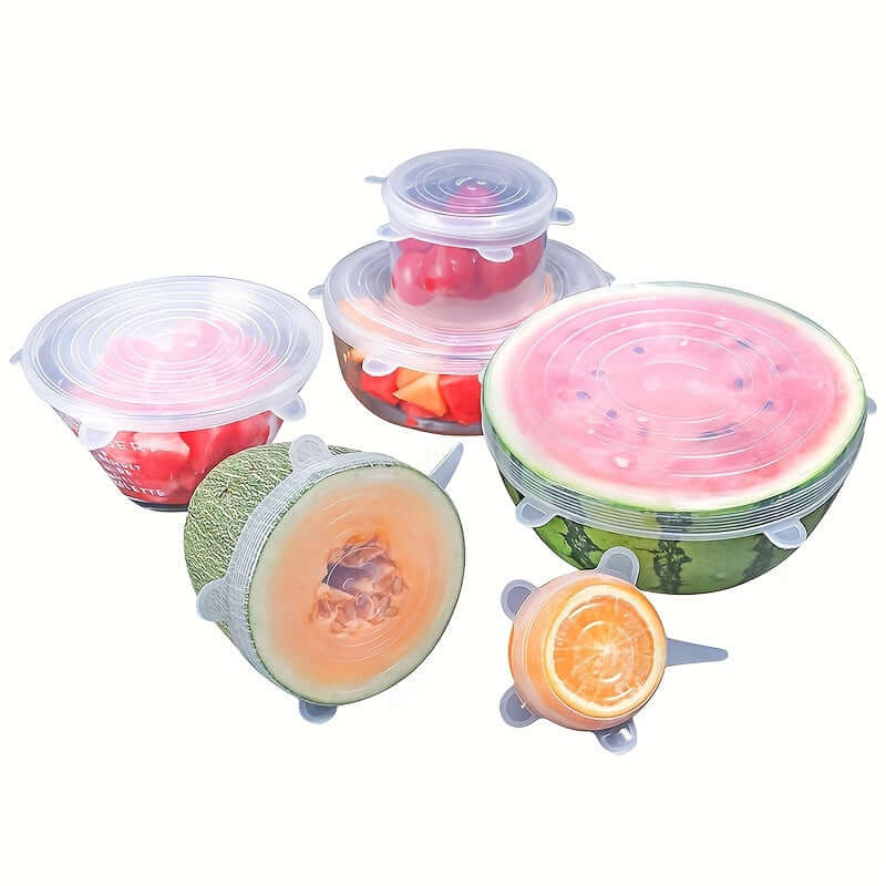6-pack flexilids reusable silicone food covers in various sizes, perfect for storing fruits and leftovers.