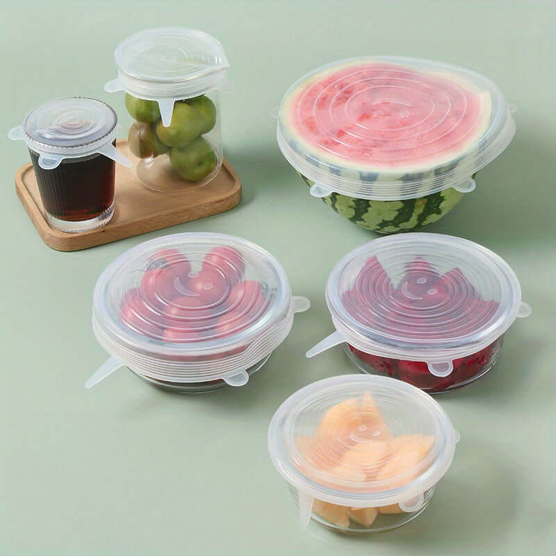 Reusable silicone food covers in a 6-pack, perfect for storing fruits and leftovers without electricity.