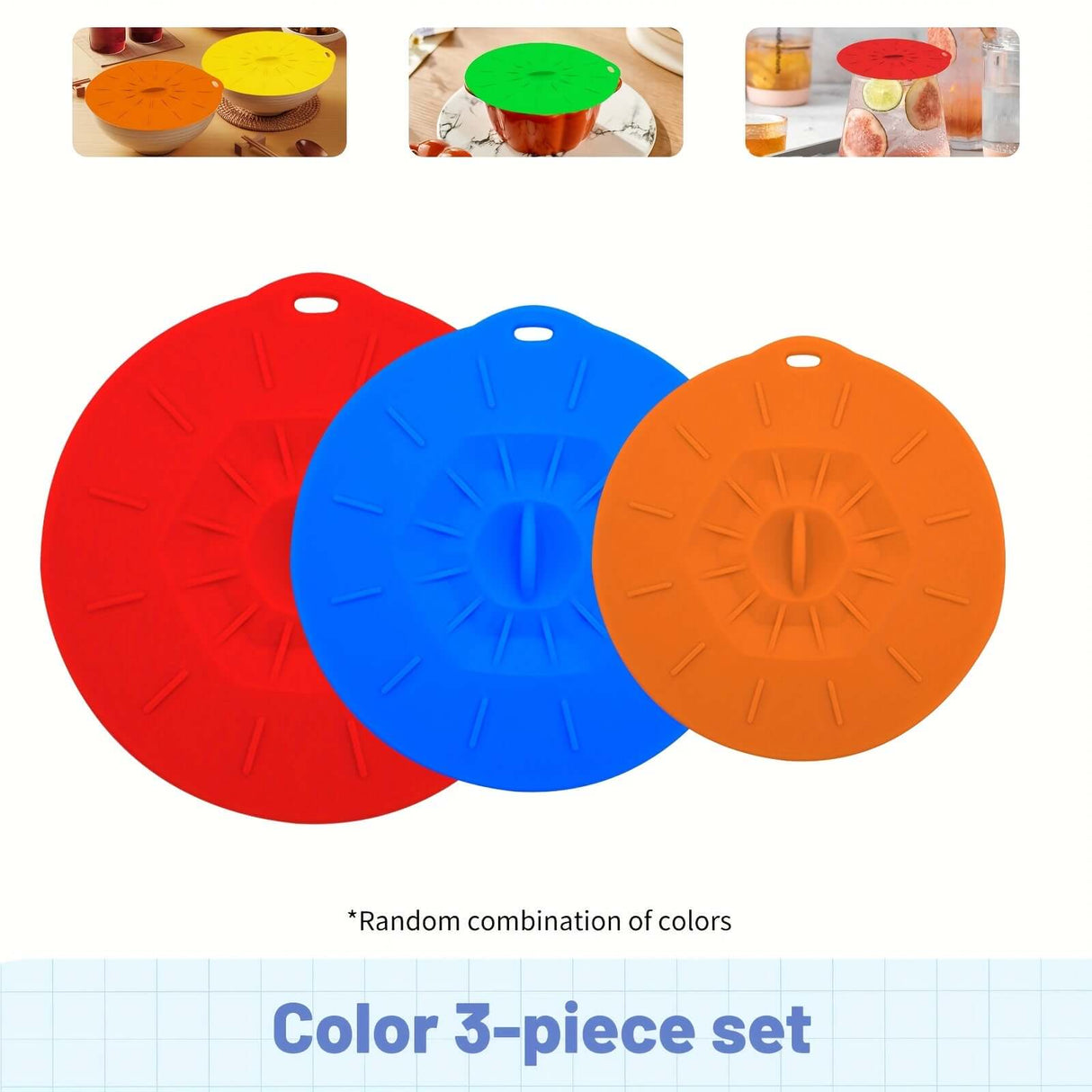 Colorful silicone bowl lids set of 3 in red, blue, and orange; heat resistant and perfect for covering bowls.