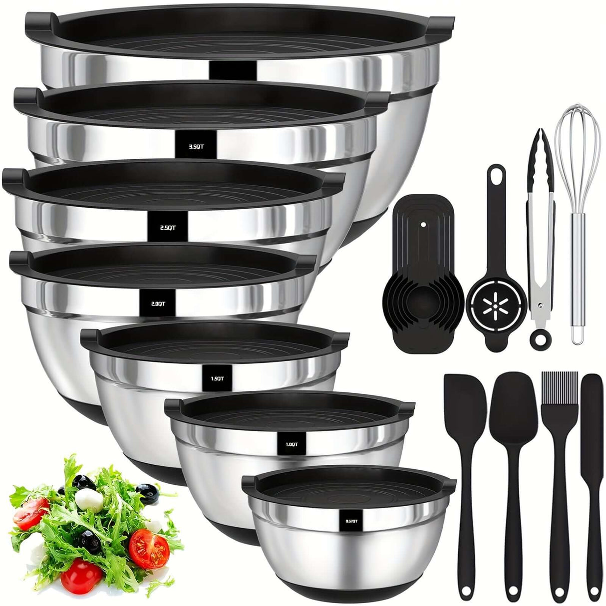 20pcs stainless steel mixing bowls set with lids and utensils for cooking, baking, and meal prep, polished finish.
