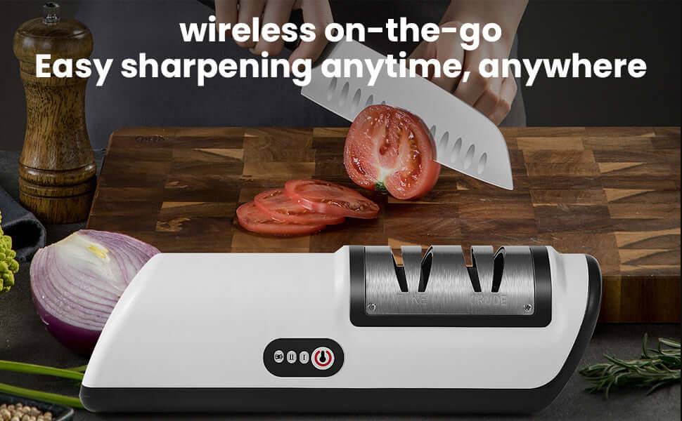 2-stage electric knife sharpener, USB rechargeable, easy sharpening anytime, anywhere, perfect for on-the-go use.