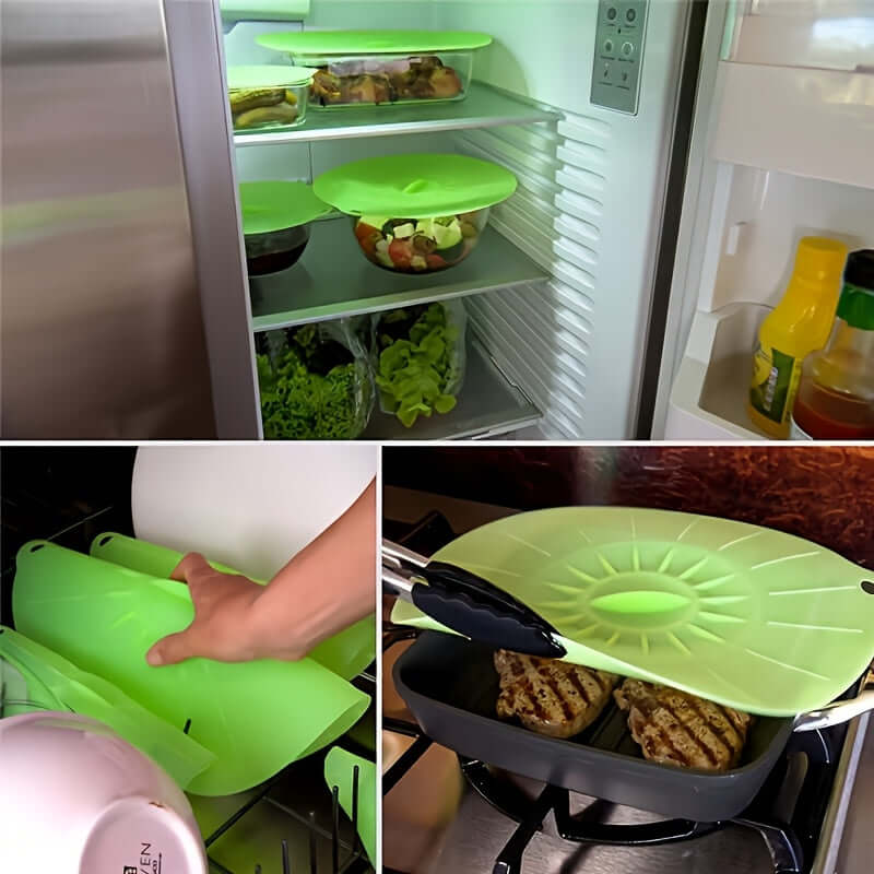 Silicone bowl lids in a refrigerator and on a stovetop, showcasing their heat-resistant and versatile use in food storage.