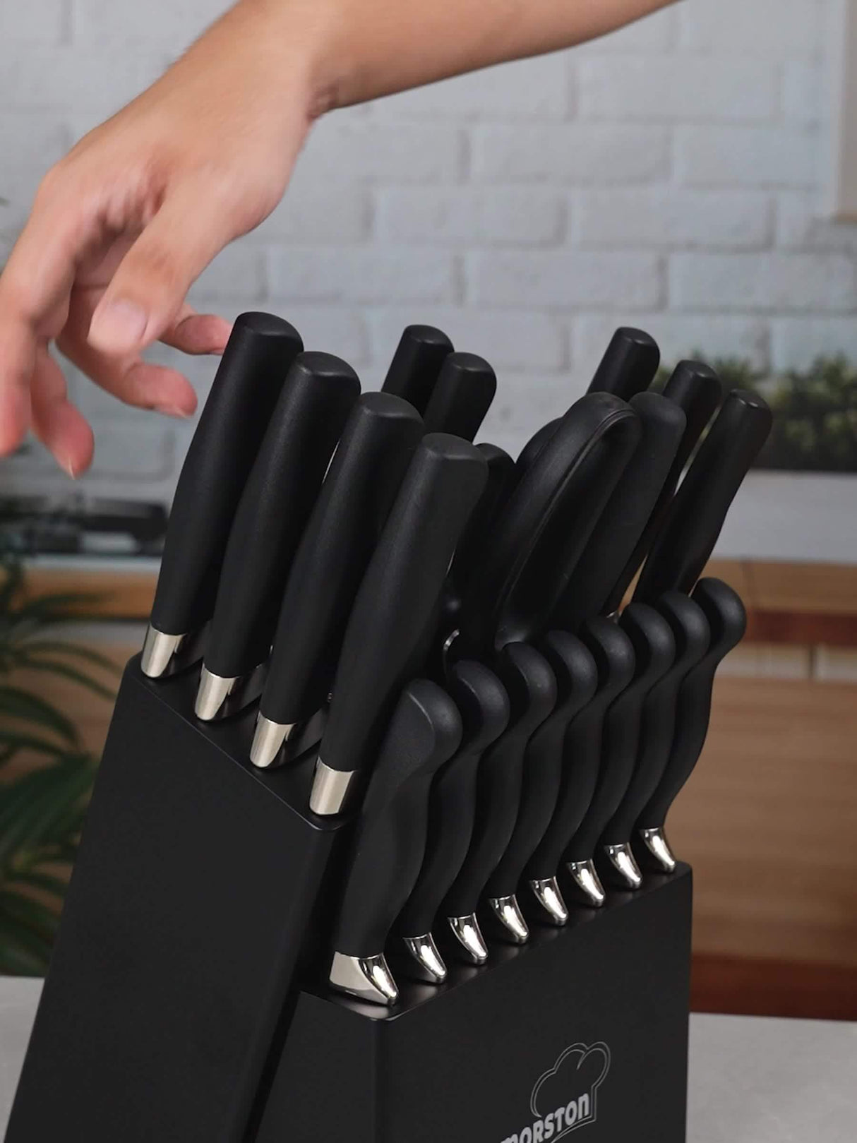 Amorston 20pcs Knife Set showcasing sleek black-handled stainless steel kitchen knives in a stylish block.