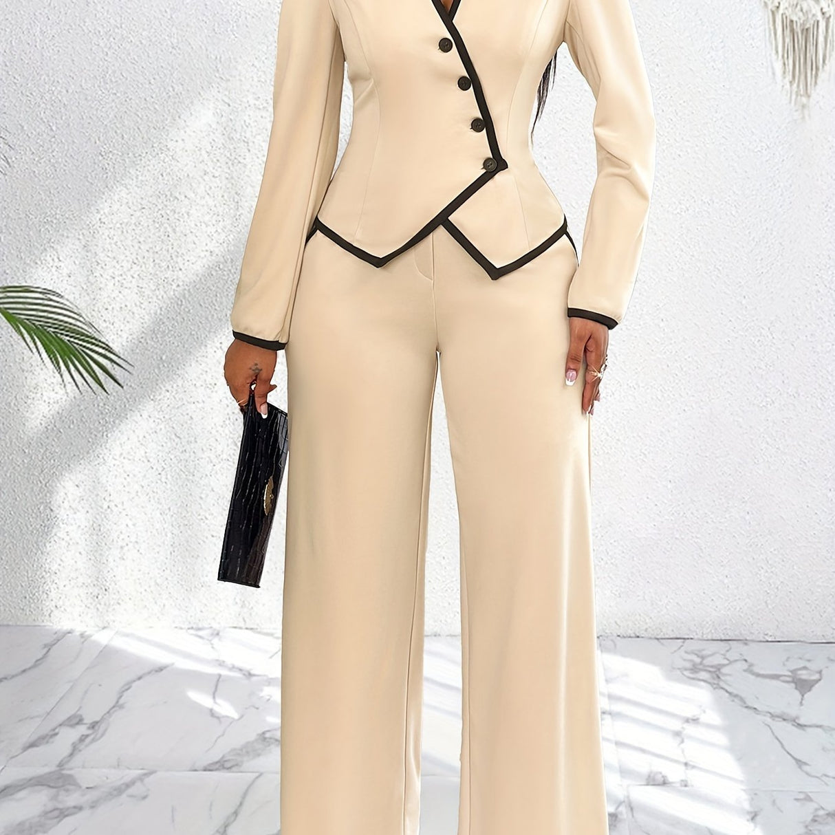 AsymLuxe™ – Blazer Pantsuit Set (Asym Hem, Deep V-Neck, Elegant All-Day Wear)