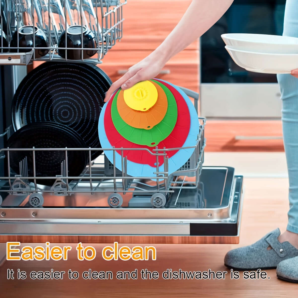 Silicone bowl lids in a dishwasher, showcasing their heat resistance and easy cleaning features.