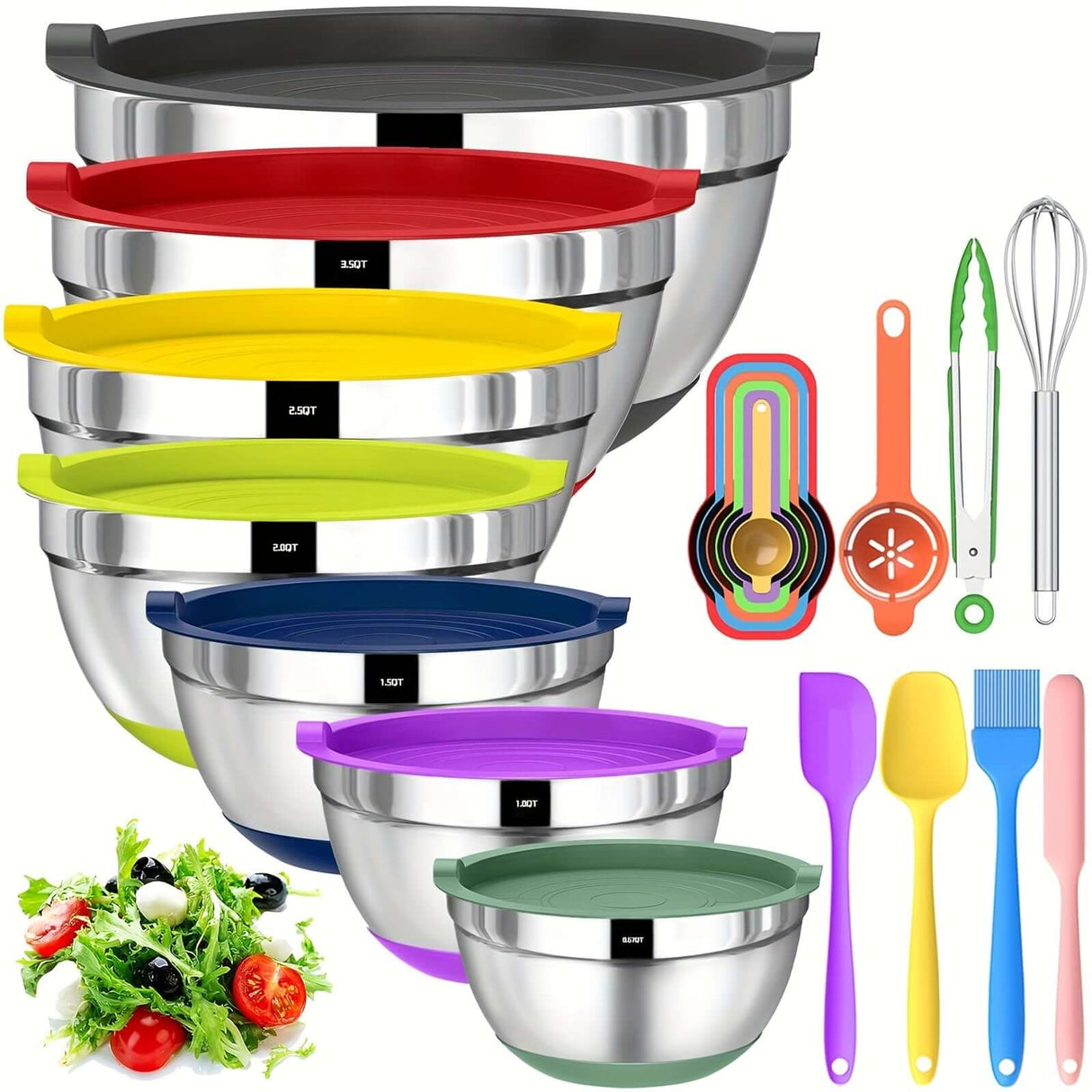20pcs stainless steel mixing bowls set with lids, colorful silicone lids, and kitchen utensils, ideal for cooking and food prep.