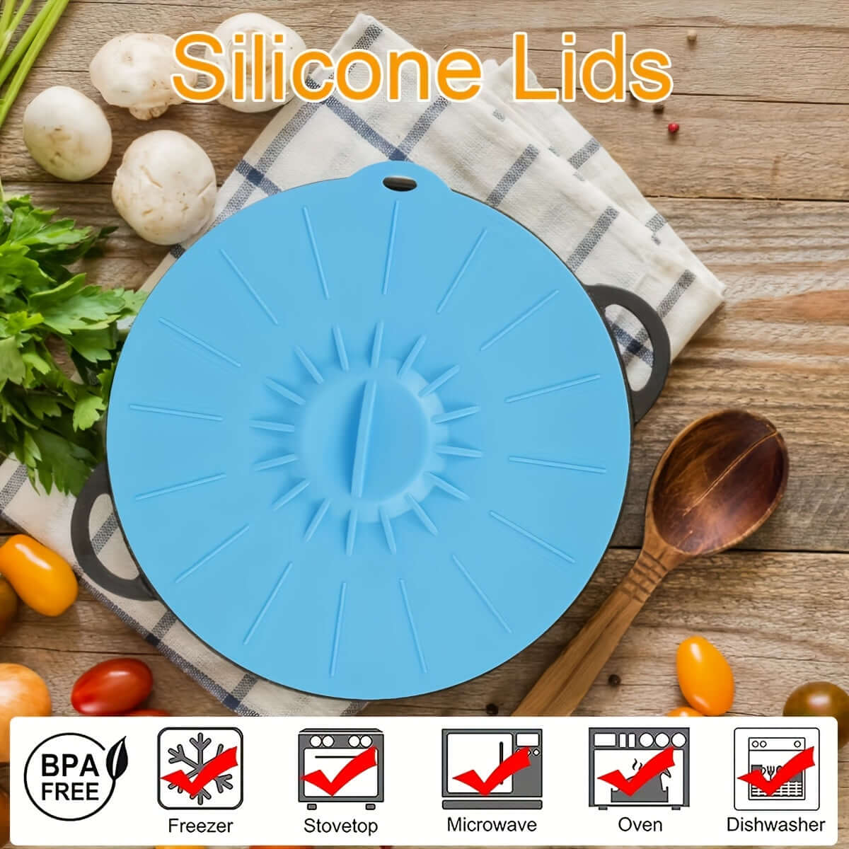 Blue silicone bowl lid on a wooden table, heat resistant, BPA free, ideal for microwave, oven, and dishwasher use.