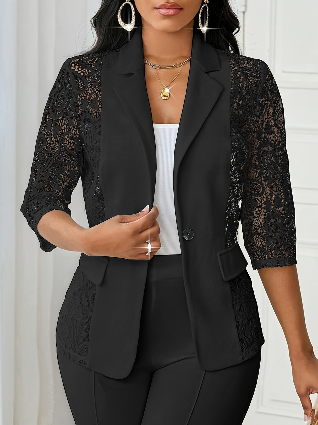 PatchworkÉlan™ – Lace Patchwork Blazer (European Style, Pocket Flaps, Button Front)