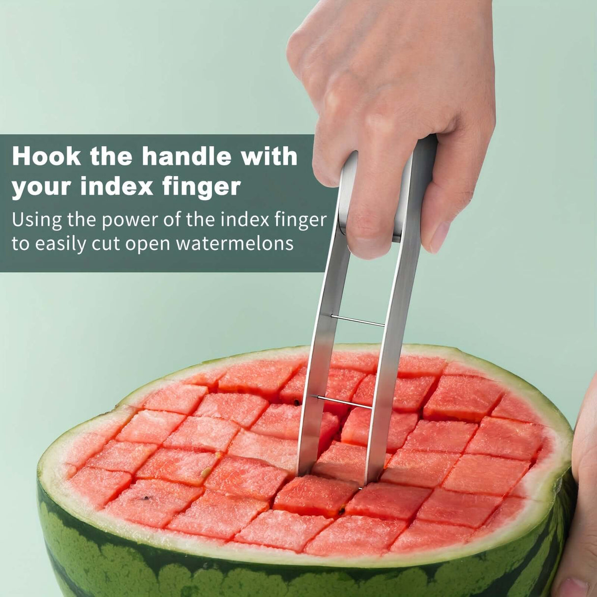 304 stainless steel watermelon slicer demonstrating easy cutting technique with index finger for perfect cubes.