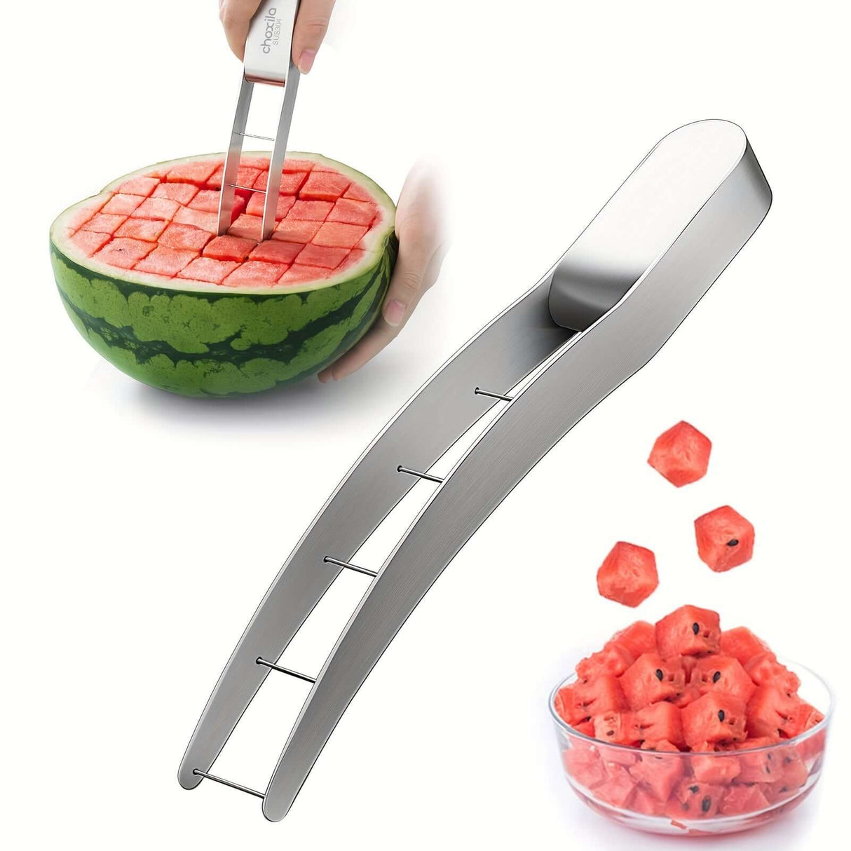 304 stainless steel watermelon slicer creating perfect cubes from a watermelon, with diced pieces in a bowl.