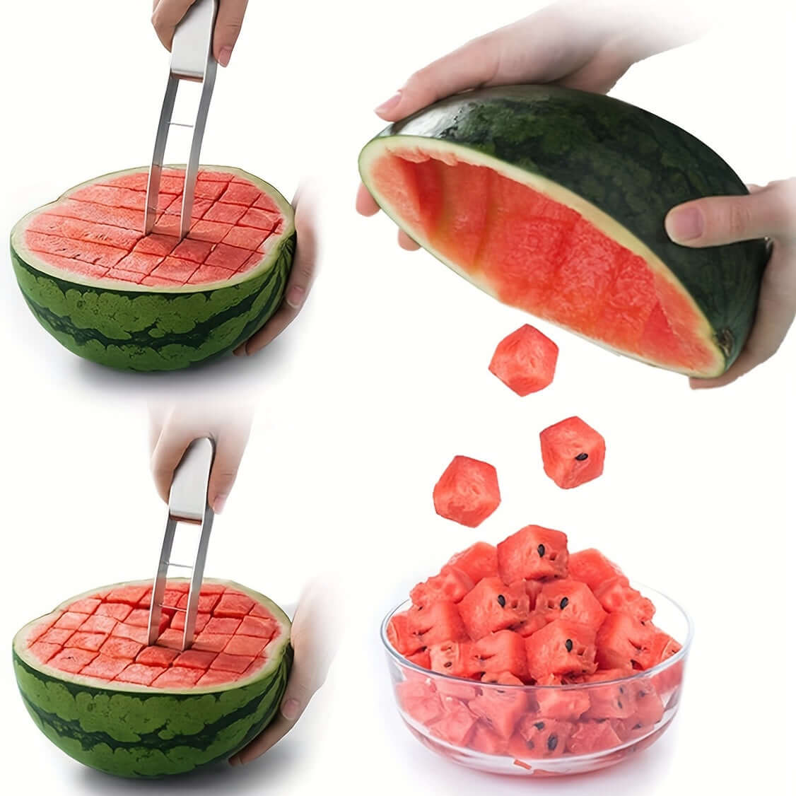 304 stainless steel watermelon slicer creating perfect cubes of watermelon for easy serving and enjoyment.
