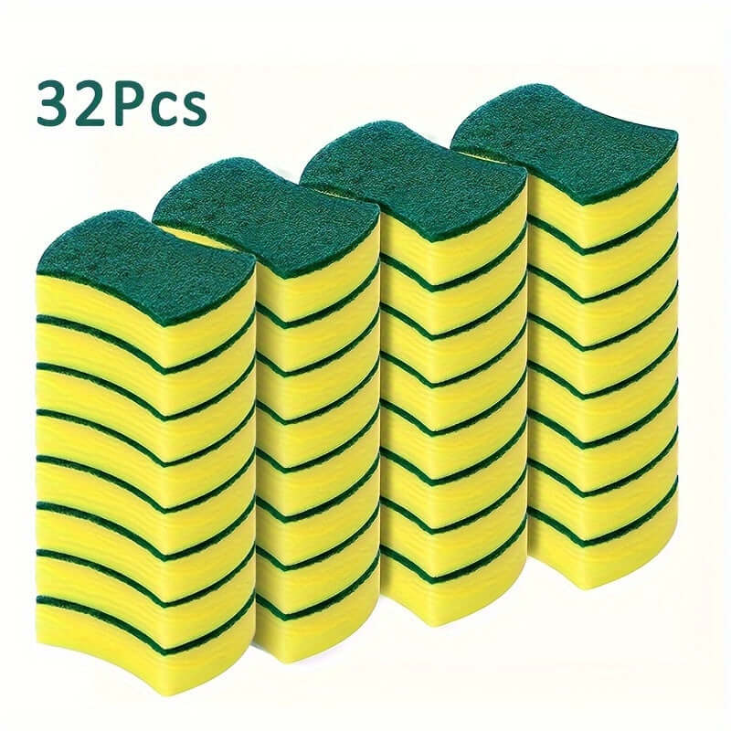 32Pcs multifunctional cleaning sponges in yellow and green, ideal for effective kitchen cleaning and super absorbent tasks.