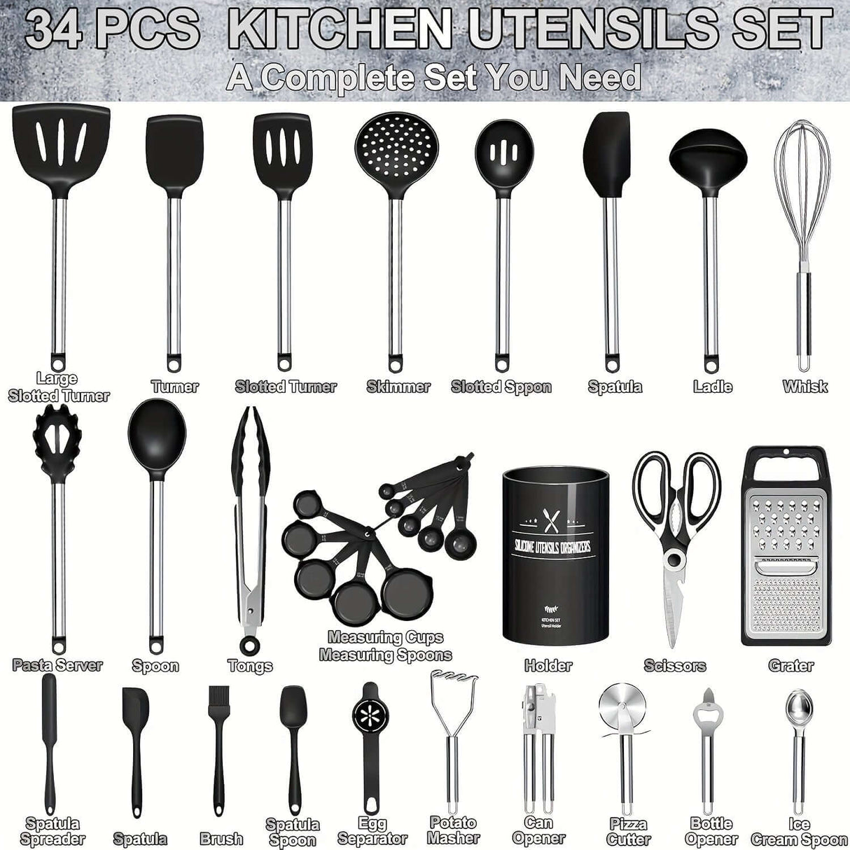 34 pcs silicone kitchen utensils set by SKROAM, including spatulas, tongs, ladles, and measuring cups, perfect for all cooking needs.