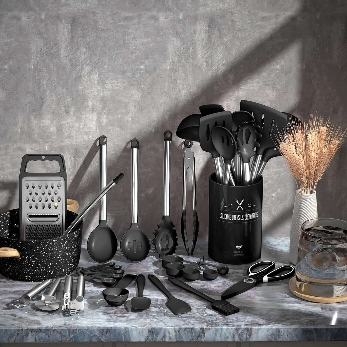 34pcs SKROAM silicone kitchen utensils set arranged on a countertop, featuring cookware and a utensil holder.