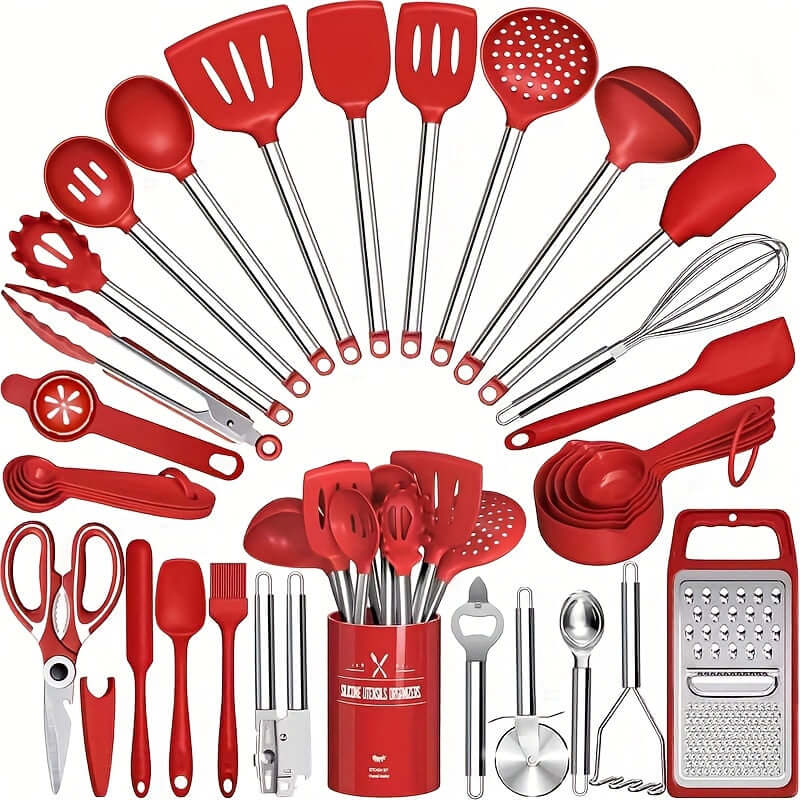 34pcs red silicone kitchen utensils set by SKROAM featuring various tools and storage container, perfect for cooking and baking.