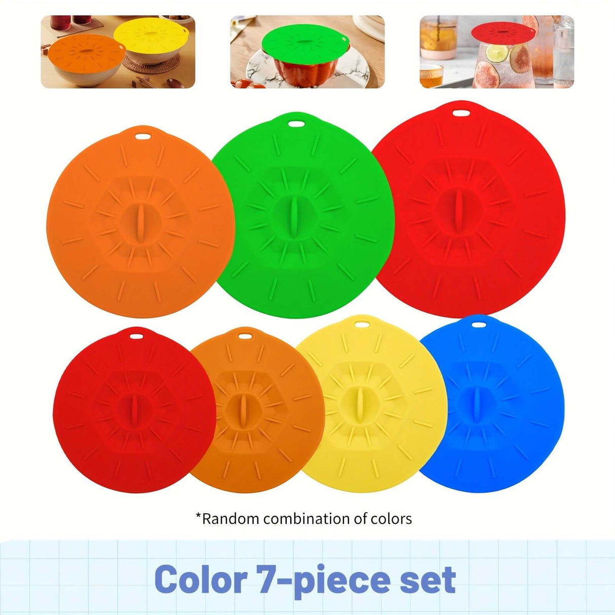 Colorful 7-piece silicone bowl lids set, heat resistant, ideal for food storage, featuring random color combinations.