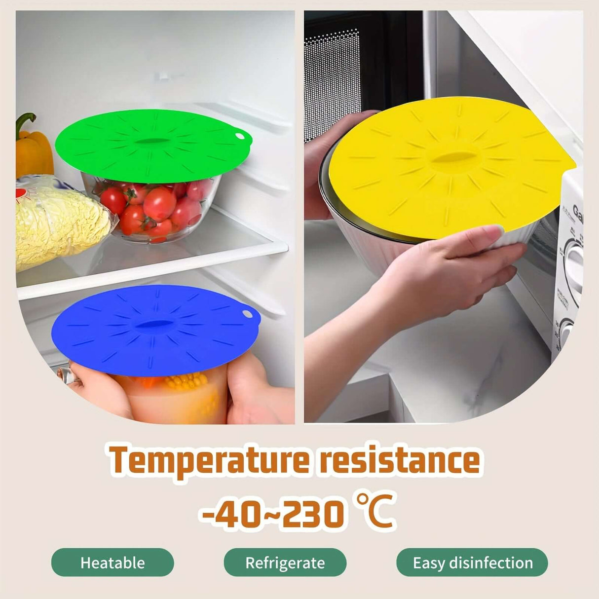 Silicone bowl lids in blue and green, showcasing temperature resistance from -40 to 230 °C, ideal for heating and refrigerating.