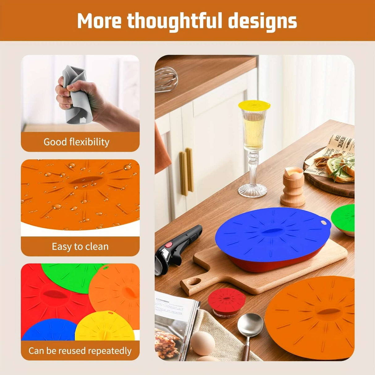 Silicone bowl lids in various colors on a countertop, showcasing flexibility, easy cleaning, and reusable design.