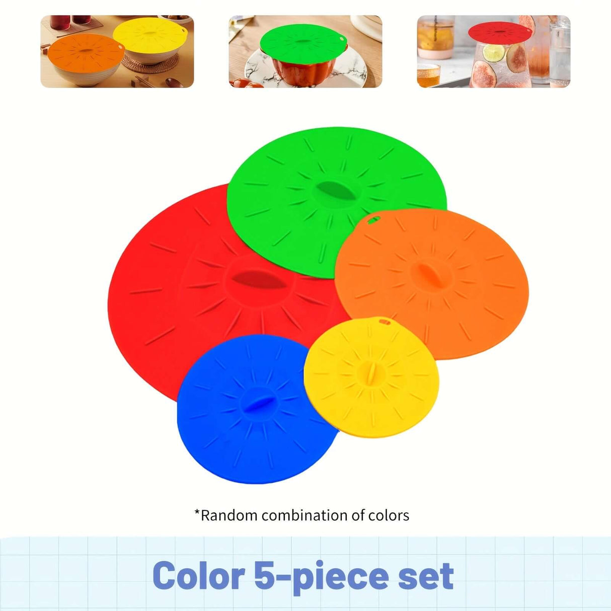 Colorful silicone bowl lids set of 5, heat resistant, random colors for versatile kitchen use.