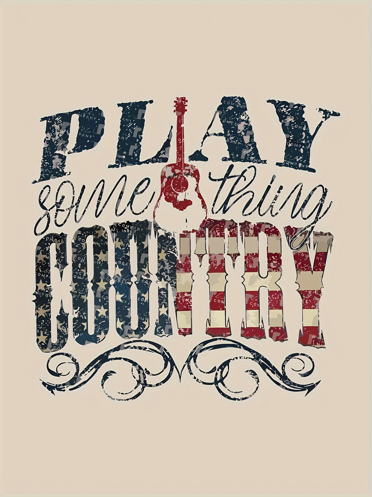 Retro country music graphic design featuring guitar and stars, ideal for music festival t-shirts.