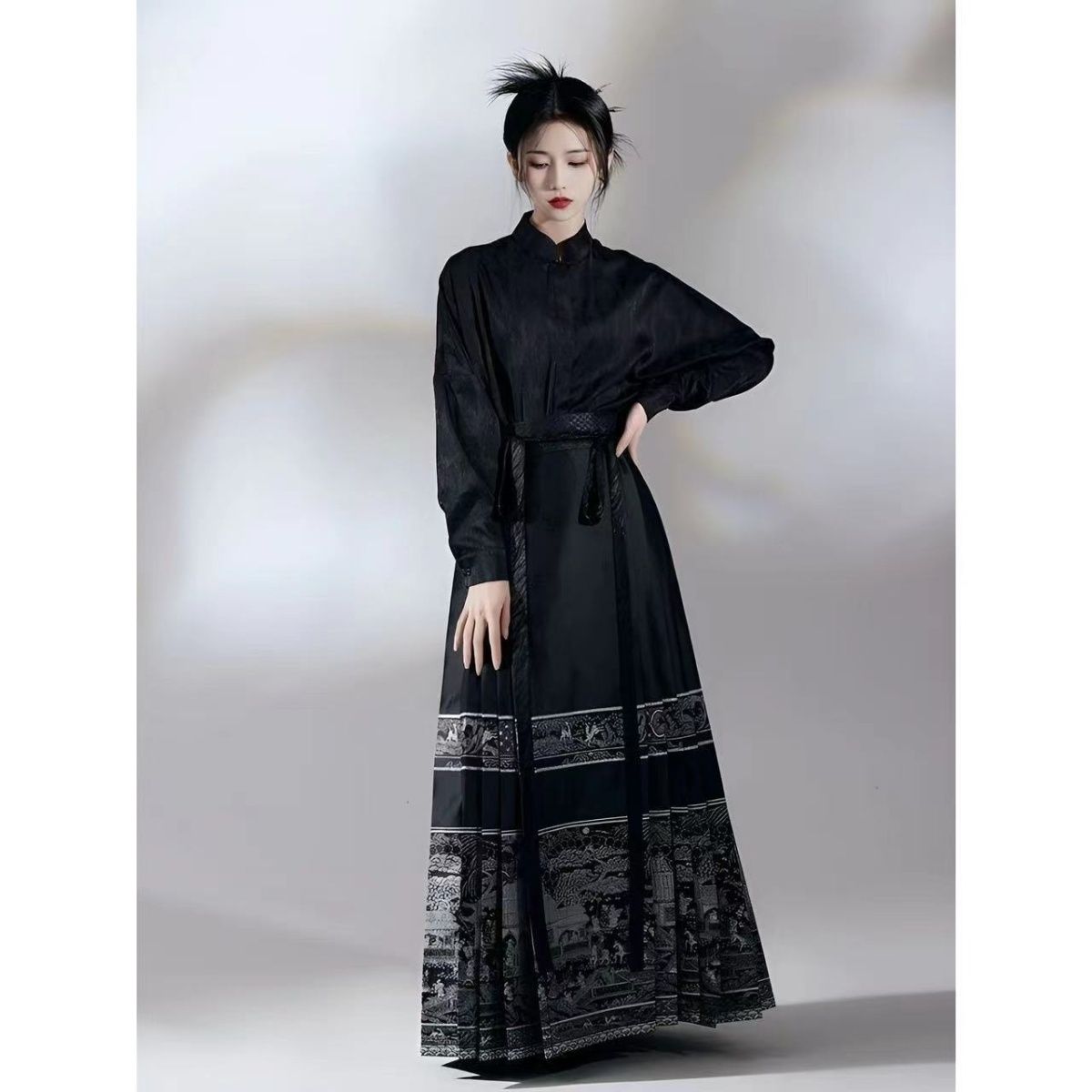 Elegant black Horse Face skirt Hanfu outfit for women, featuring intricate design and traditional style.