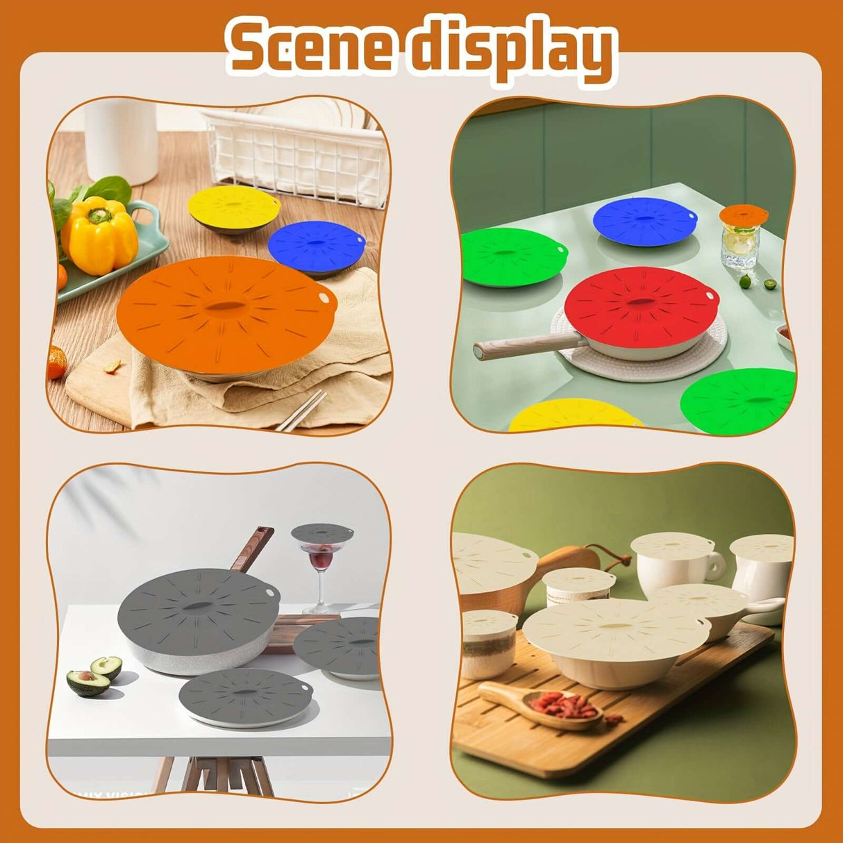 Collage of colorful silicone bowl lids in various kitchen settings, showcasing heat-resistant features and versatility.