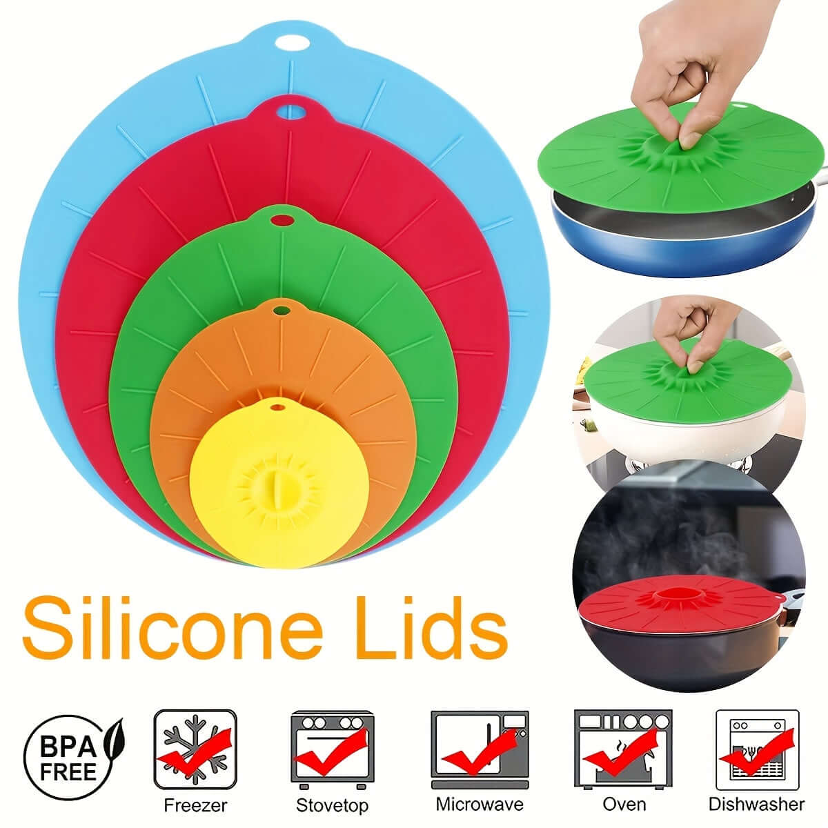 Silicone bowl lids in various colors, heat resistant, BPA-free, suitable for freezer, stovetop, microwave, and dishwasher.