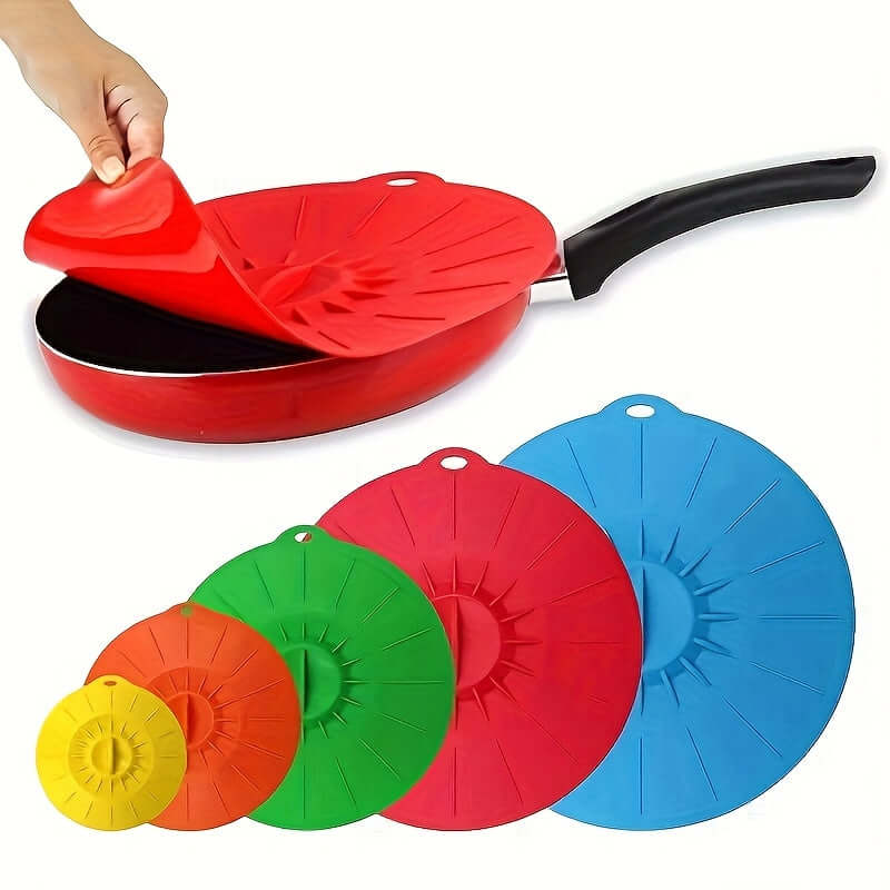 Silicone bowl lids in various colors, heat resistant, used for covering pots and pans for cooking or storage.