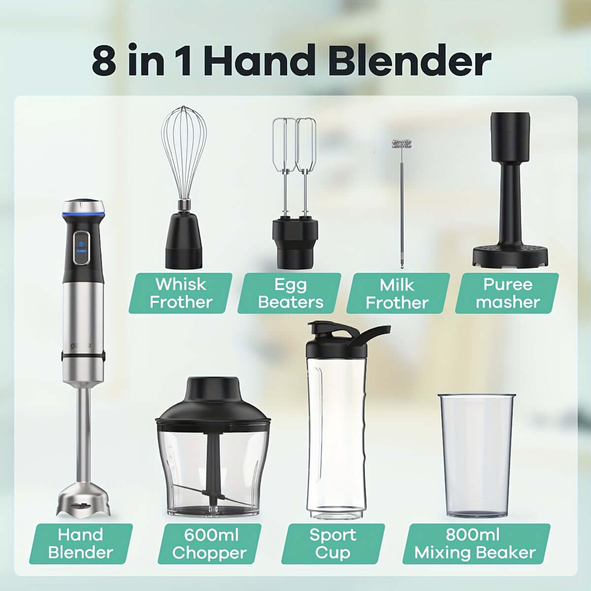 8 in 1 immersion blender set featuring whisk frother, egg beaters, chopper, mixing beaker, and sport cup by GANIZA.