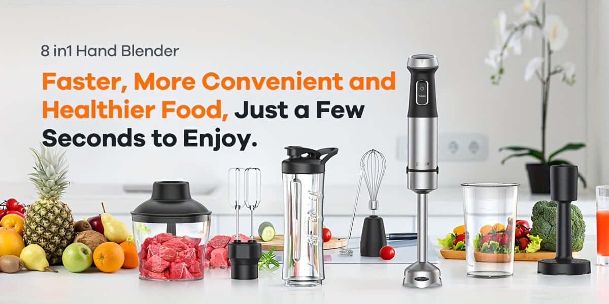 8 in 1 immersion blender with various accessories, fruits, vegetables, and drinks showcasing versatility and convenience.