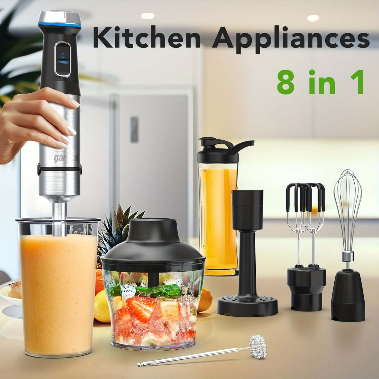 8 in 1 immersion blender with glass blending container, multiple components, and heavy-duty motor for versatile kitchen use.