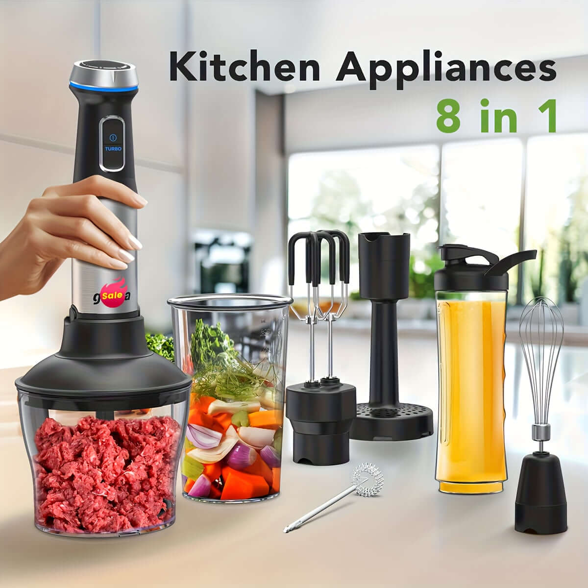 8 in 1 immersion blender with multiple accessories, blending container, and kitchen tools for versatile food preparation.