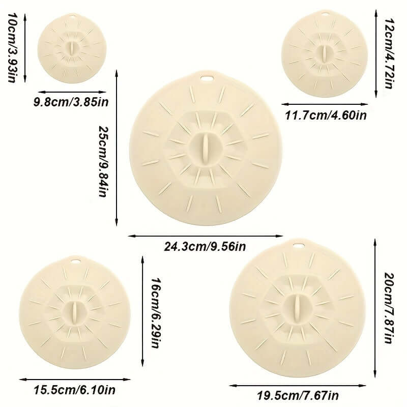 Silicone bowl lids set of 5 in various sizes, heat resistant, ideal for food storage and kitchen use.