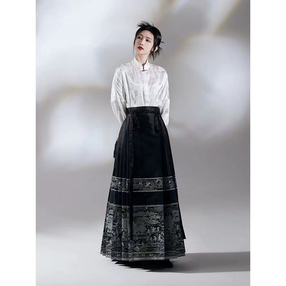 Stylish woman in Horse Face Skirt Traditional Hanfu outfit featuring a white top and elegant black skirt with intricate designs.