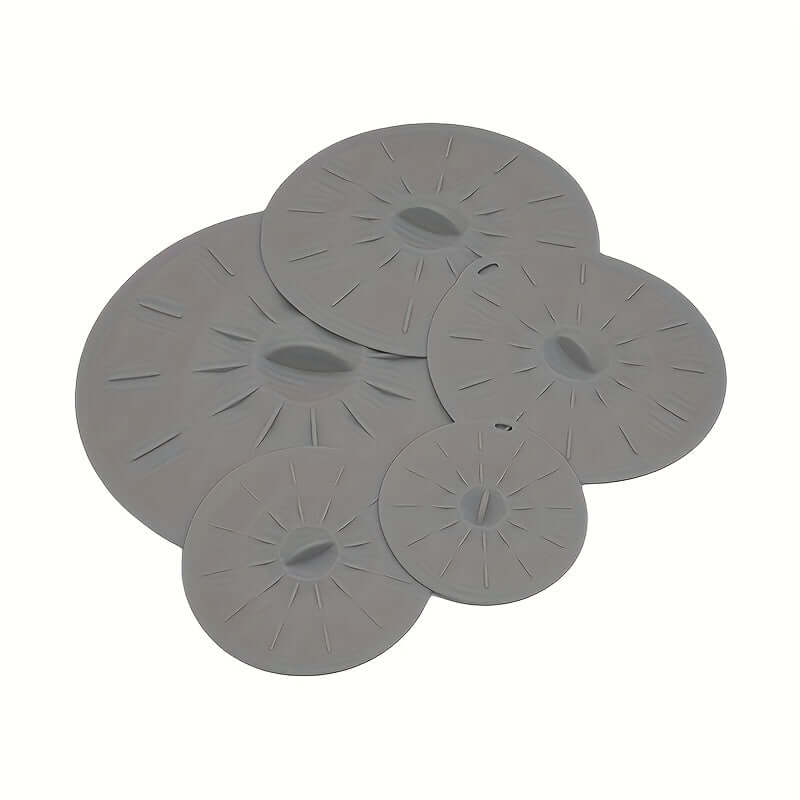 Silicone bowl lids set of 5 in gray, heat resistant, perfect for covering bowls and containers.