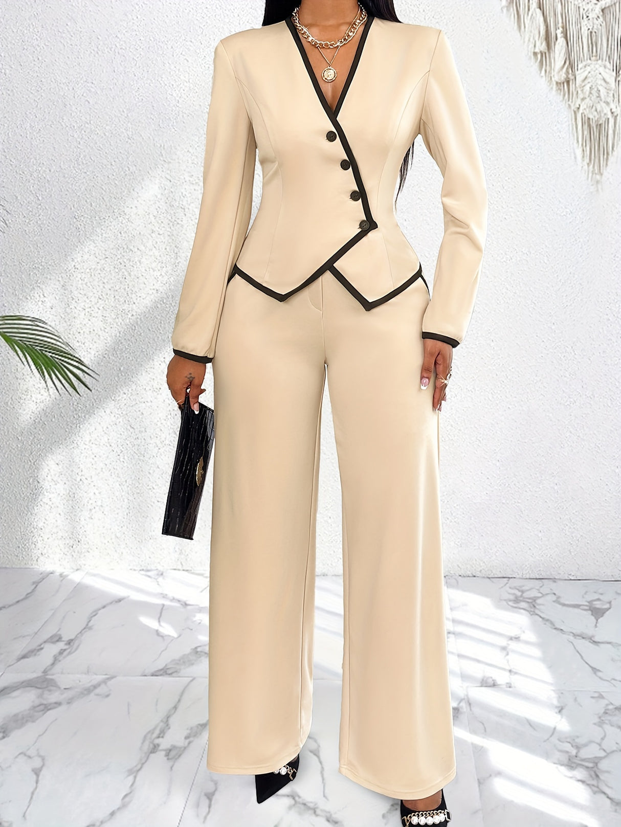 AsymLuxe™ – Blazer Pantsuit Set (Asym Hem, Deep V-Neck, Elegant All-Day Wear)