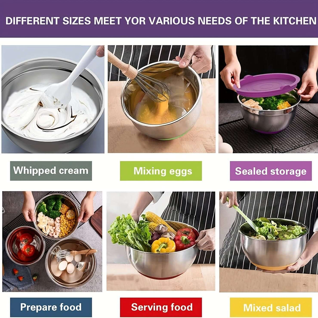 Collage of stainless steel mixing bowls for various kitchen uses: whipping, mixing, sealing, prepping, serving, and salads.