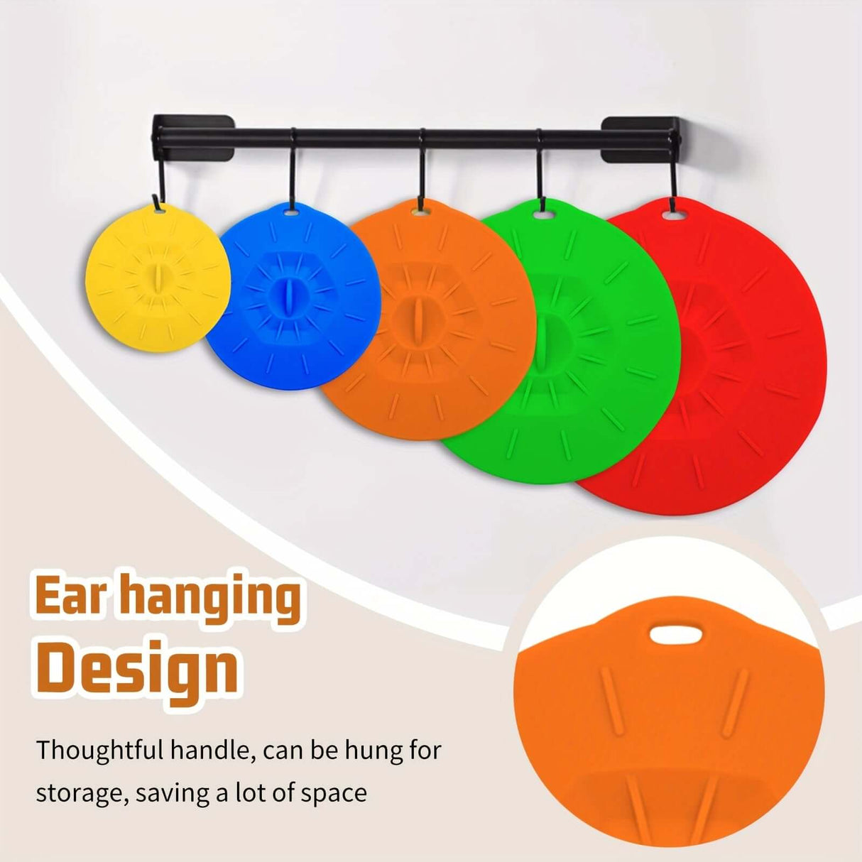 Colorful silicone bowl lids in various sizes showcasing an ear hanging design for convenient storage.