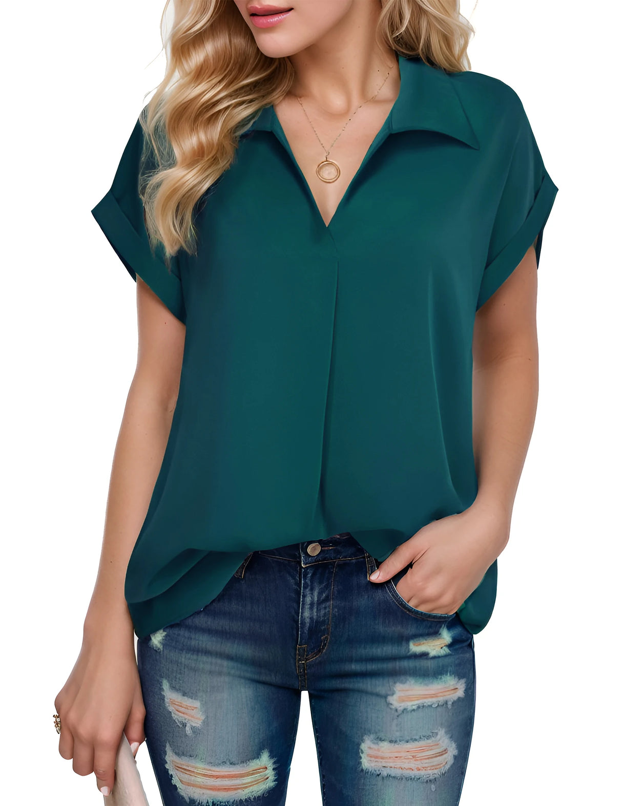 Short sleeve teal chiffon shirt paired with jeans, perfect for casual office wear and lightweight elegance.