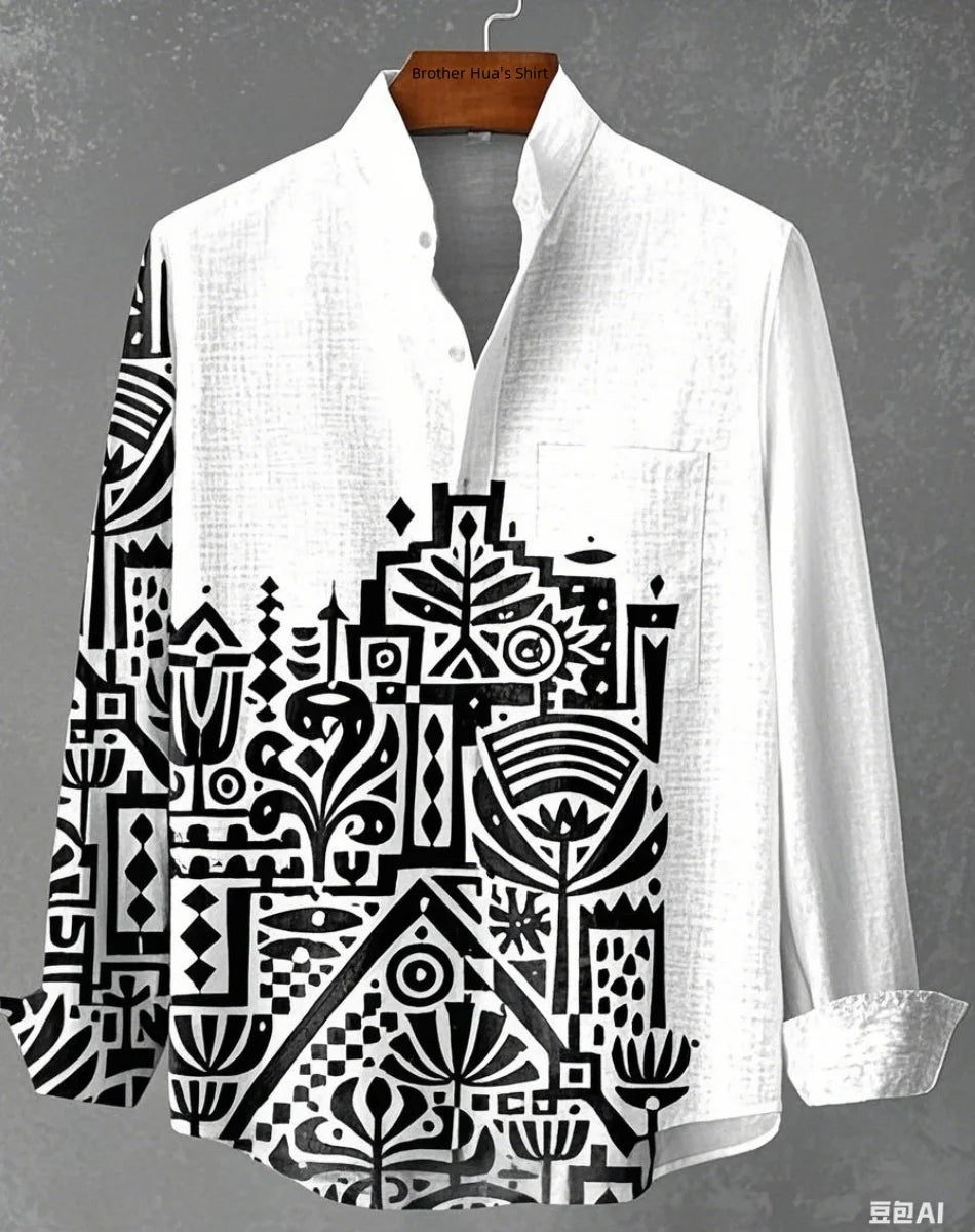 قميص رجالي من الكتان بأكمام طويلة وياقة واقفة